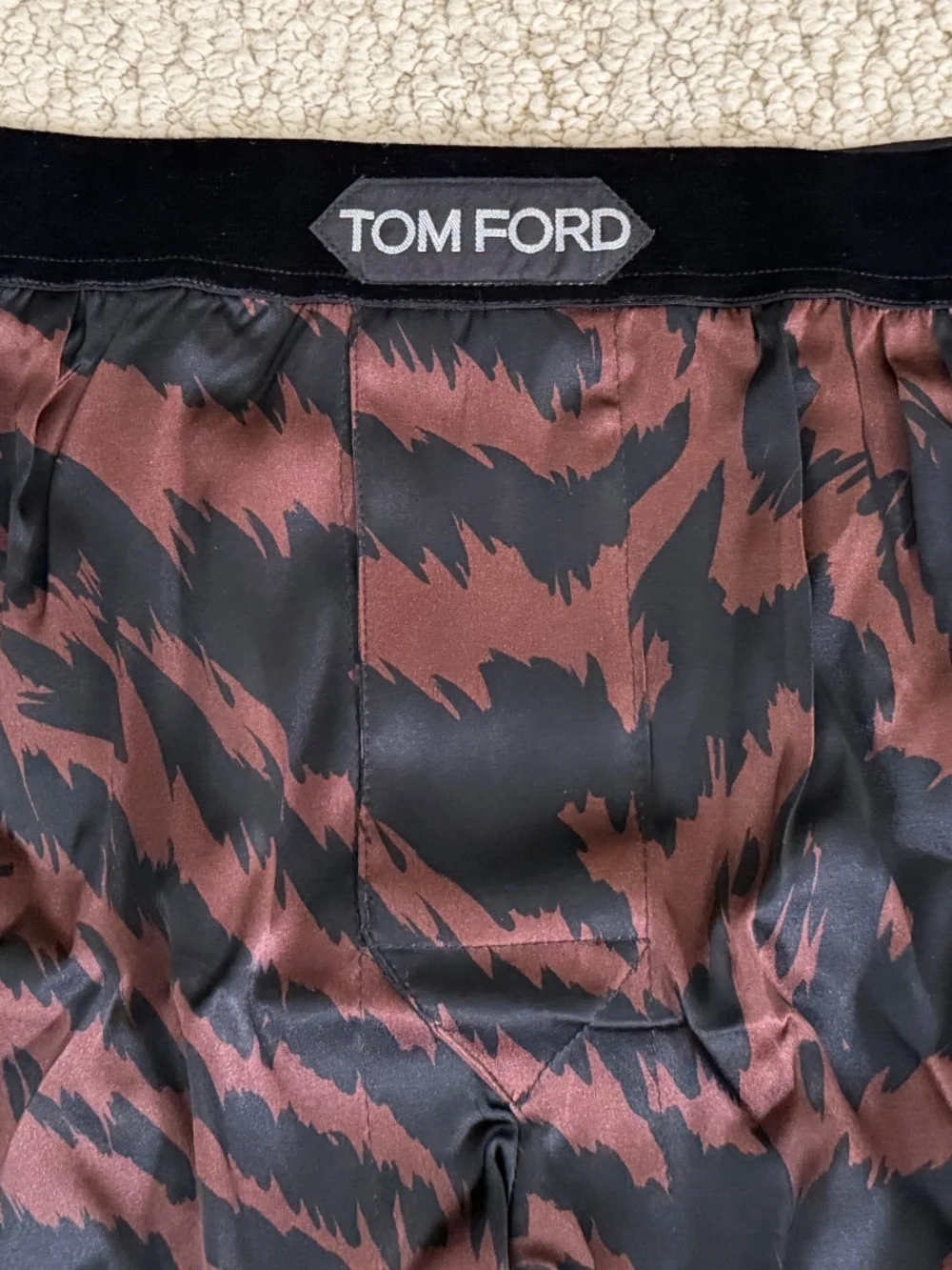 Tom Ford Brown Black Zebra Stretch Silk Logo Velvet Waistband Boxer Shorts